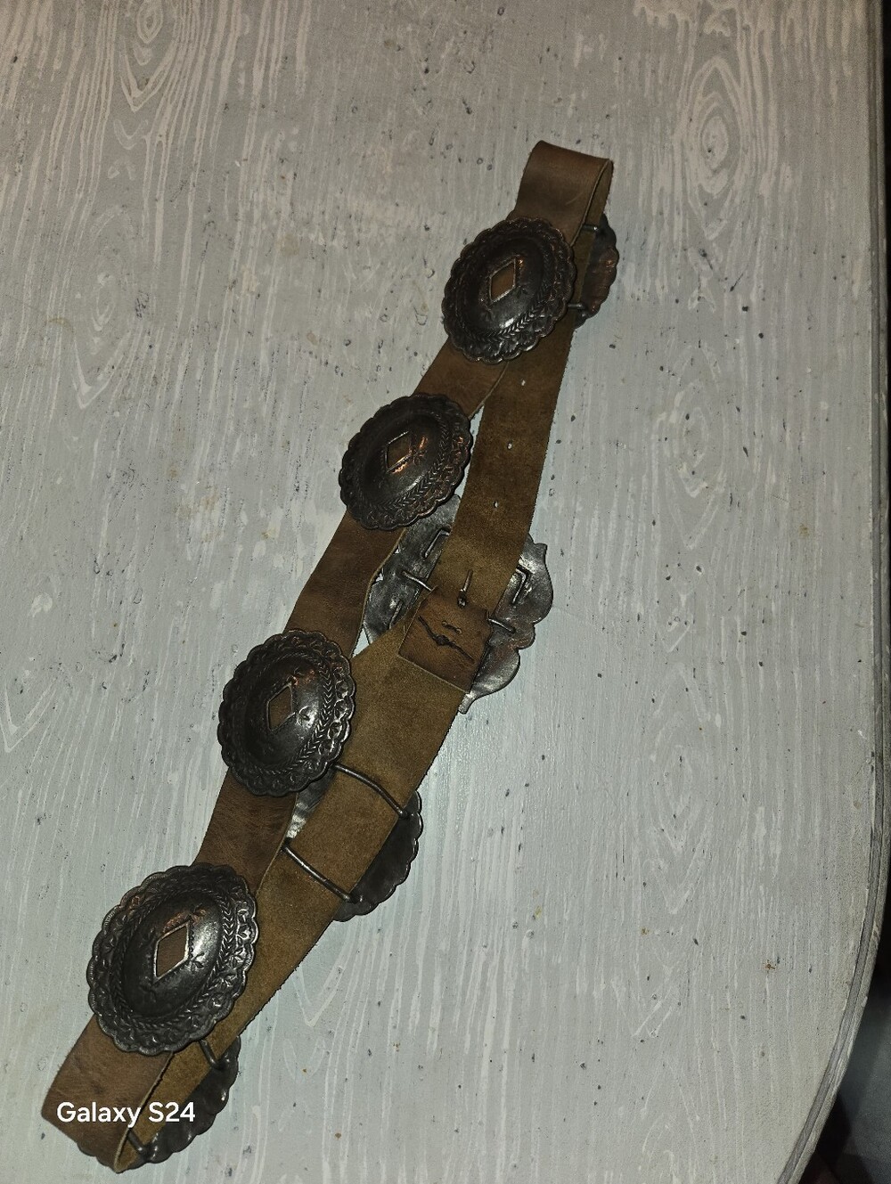 Western Concho Leather Belt in Brown with Pewter Adrienne Teeguarden 2001 Sz M - Picture 8 of 10